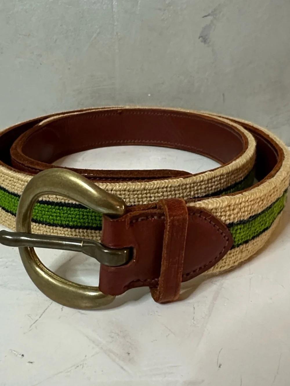 HANDMADE NEEDLEPOINT LEATHER BELT INTIALS DPS GREEN BLUE